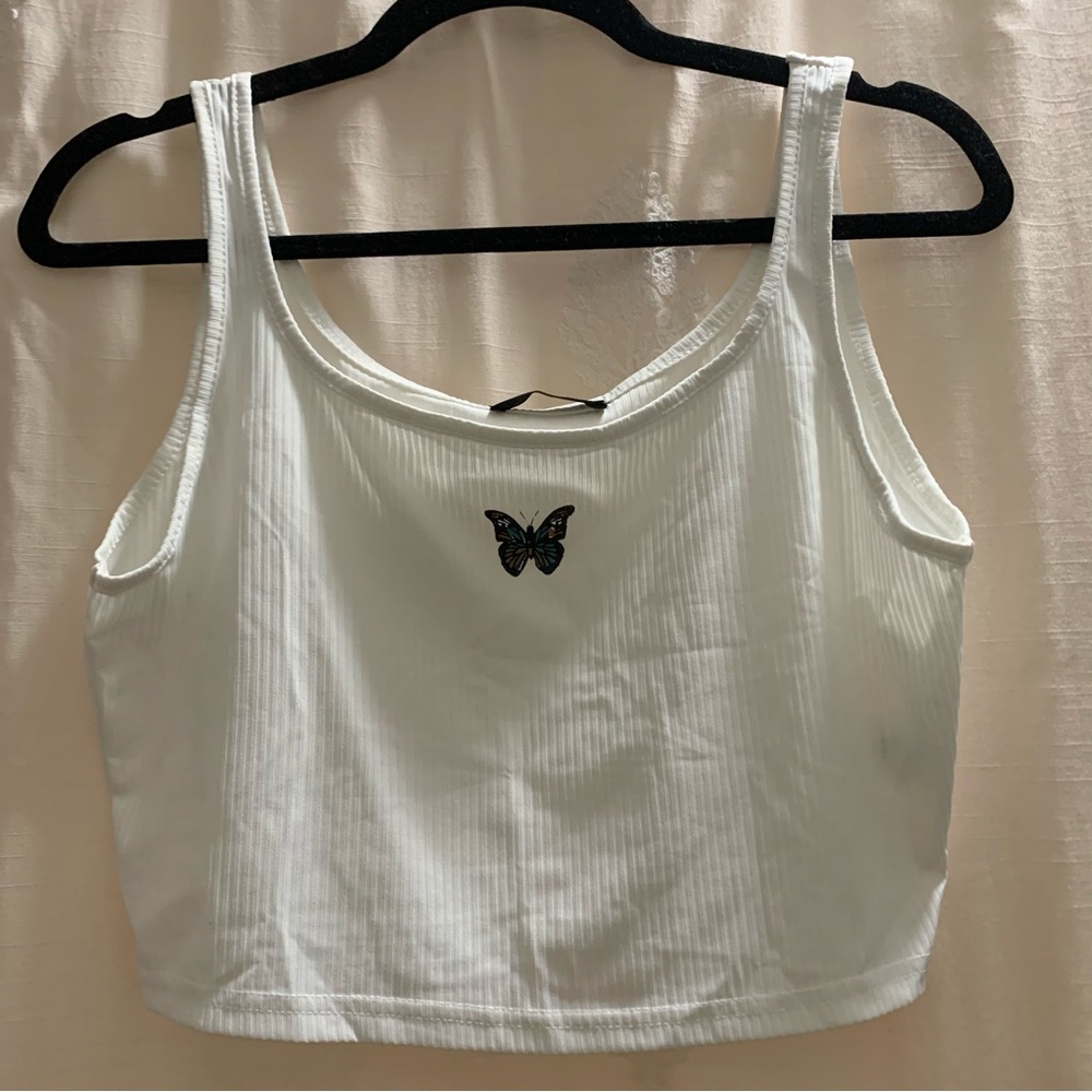 White Ribbed Crop Tank Top with Butterfly Design NWOT